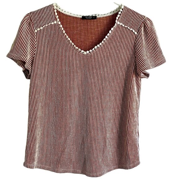 Ava James Brown White Vertical Striped Short Sleeve Top Women's Medium NEW - Picture 1 of 8